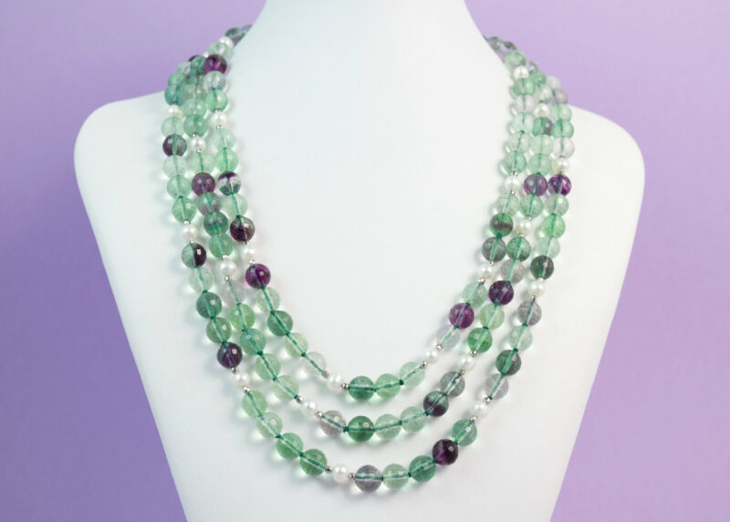 Collana a tre fili in Fluorite,Perle e Argento 925