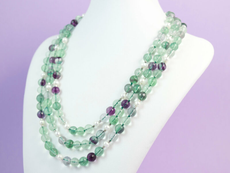 Collana a tre fili in Fluorite,Perle e Argento 925 - immagine 3