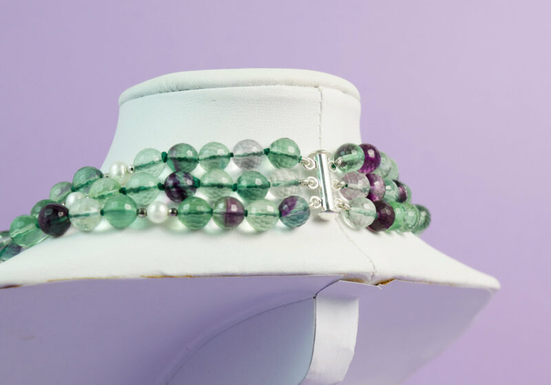 Collana a tre fili in Fluorite,Perle e Argento 925 - immagine 2