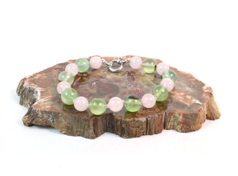 Bracciale in Prehnite, Quarzo Rosa e chiusura Argento 925