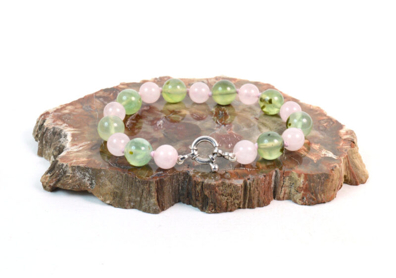 Bracciale in Prehnite, Quarzo Rosa e chiusura Argento 925 - immagine 2